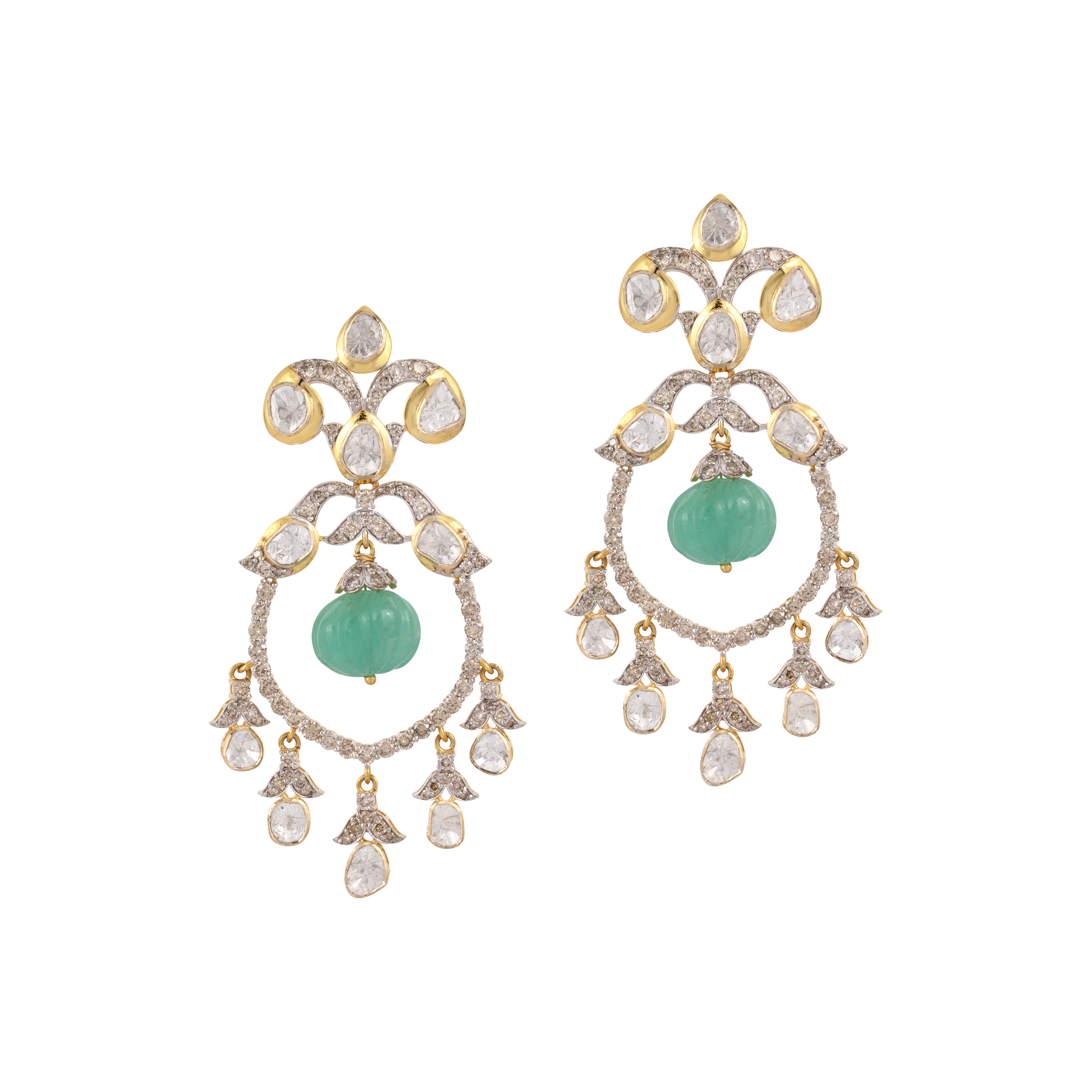 Polki Earring with Carved Emerald Melon Drop